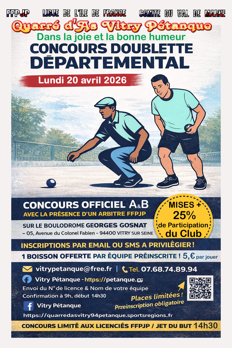 Concours Doublette Départemental du Lundi 20 AVRIL 2026